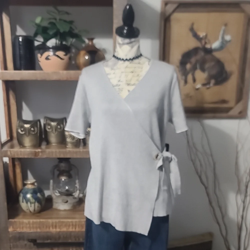 Select & TrendcLight Gray Wrap-Front Women's Top with Side Tie